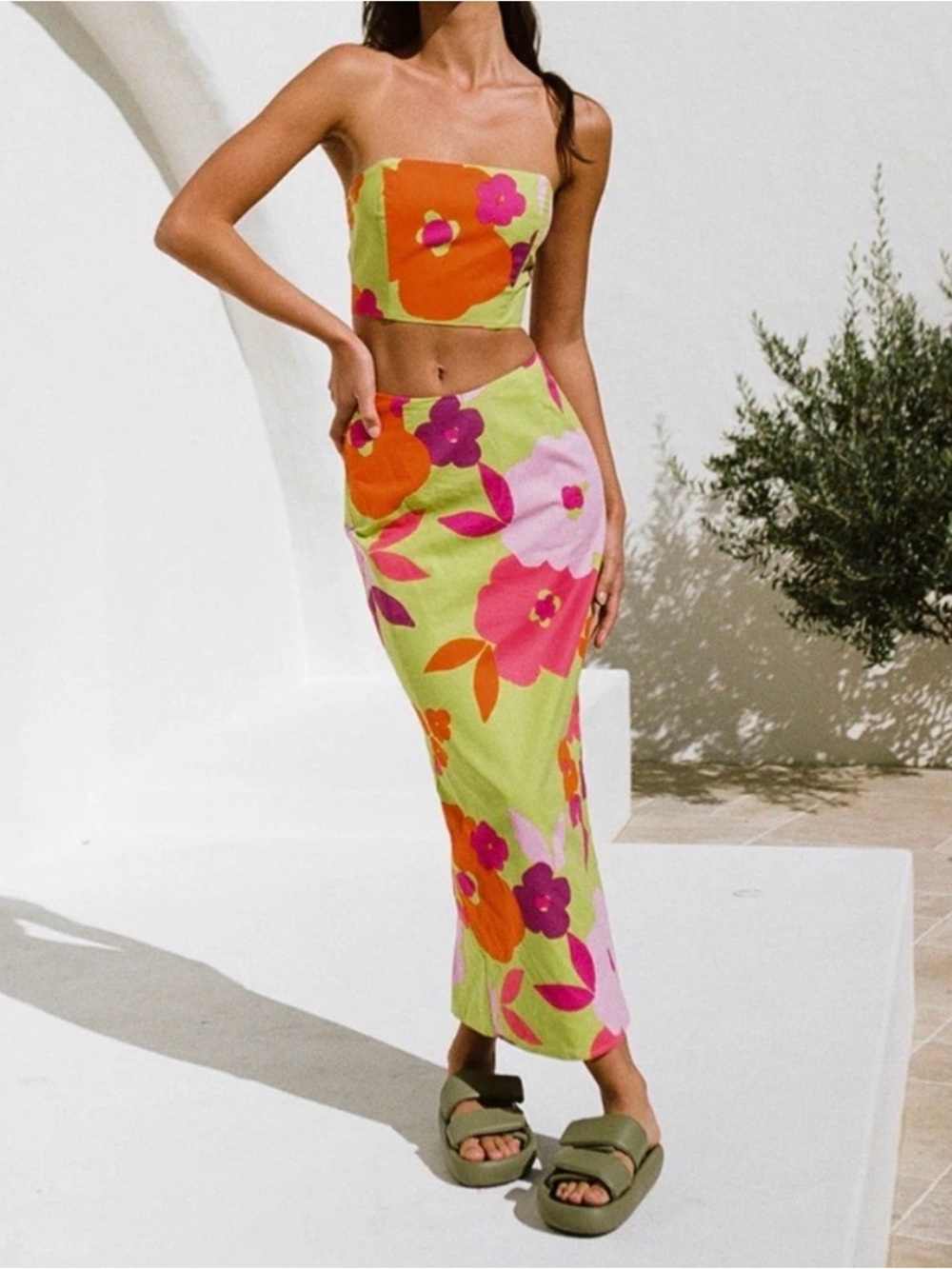 Sabo Skirt Lime Green Floral Strapless Two-Piece Maxi Set